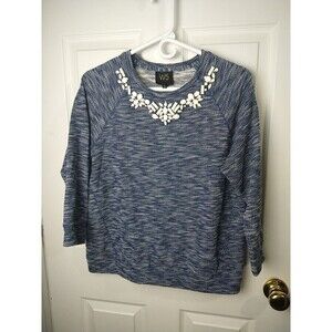 W5 Women's Long Sleeve Denim Wash White Gemstone Sweatshirt. Size L